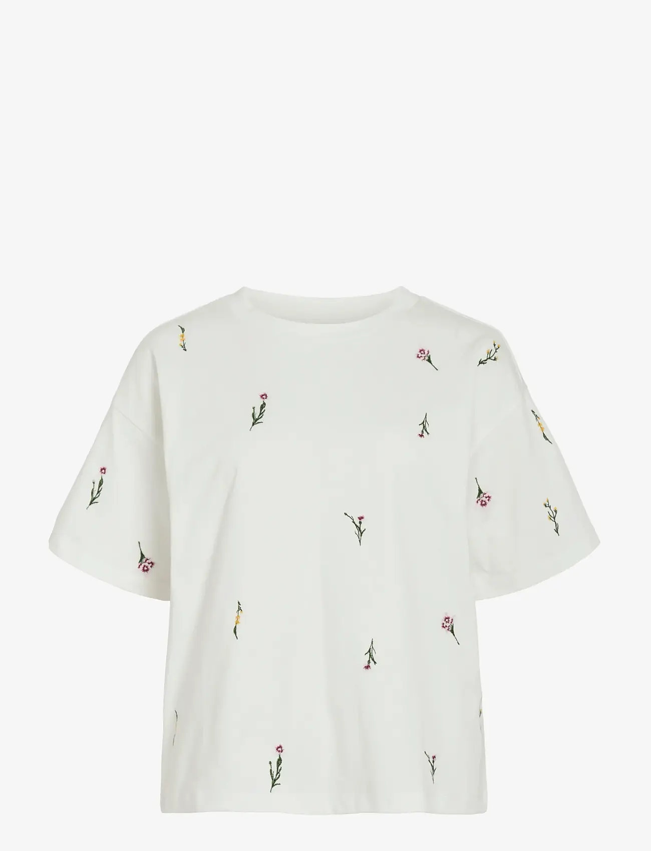 Vila - VIMONIE FLORAL EMB S/S O-NECK/R - t-shirts - snow white - 1