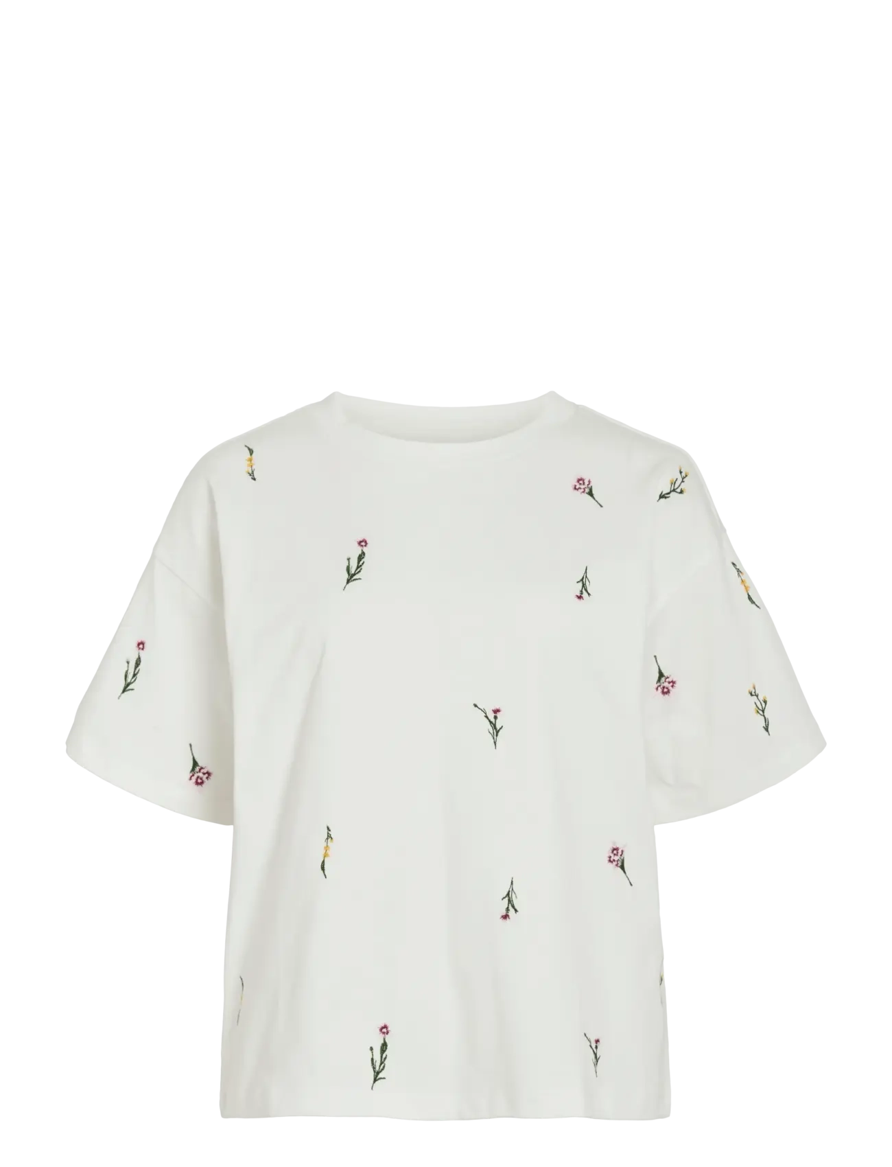 Vila VIMONIE FLORAL EMB S/S O-NECK/R - Nyheder - SNOW WHITE / cream