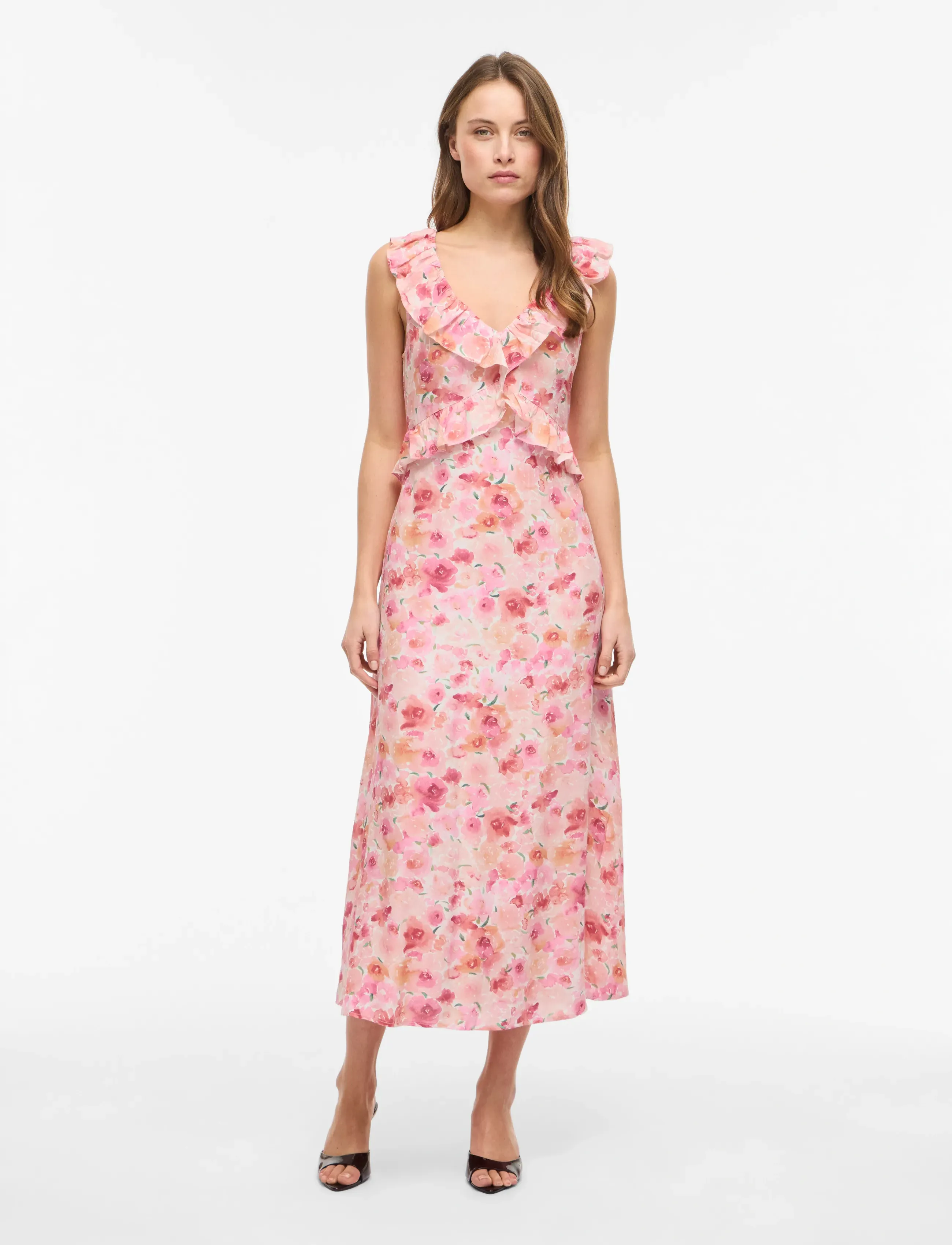 Vila VIASTRA S/L FLOUNCE MIDI DRESS/DC - Kleider - SNOW WHITE / pink/rose
