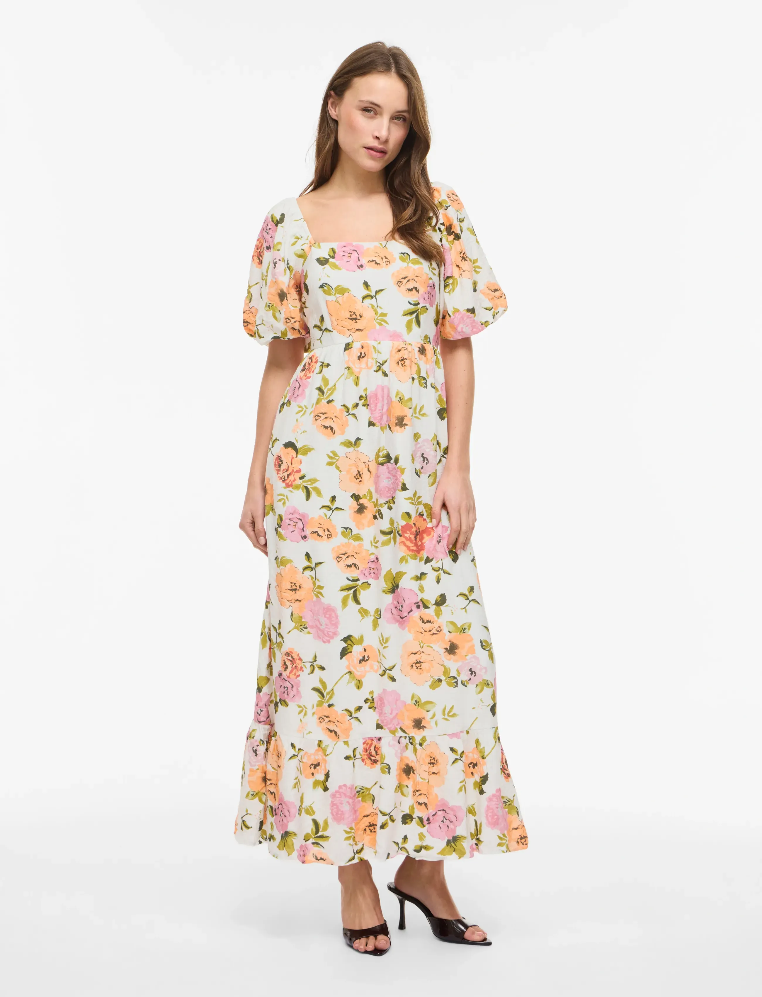 Vila VIFLOLA SQUARE NECK 2/4 ANKLE DRESS/DC/R - Klänningar - SNOW WHITE / orange