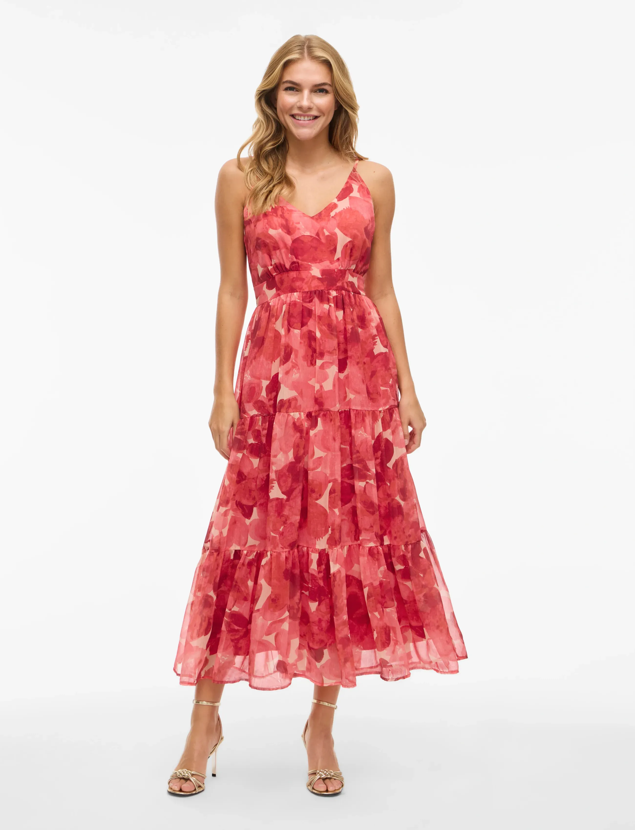Vila Viflorie S/L V-Neck Ankle Layer Dress/Dc, Kvinder, Tiered Blomstret Maxikjole, Rød, Str: 34