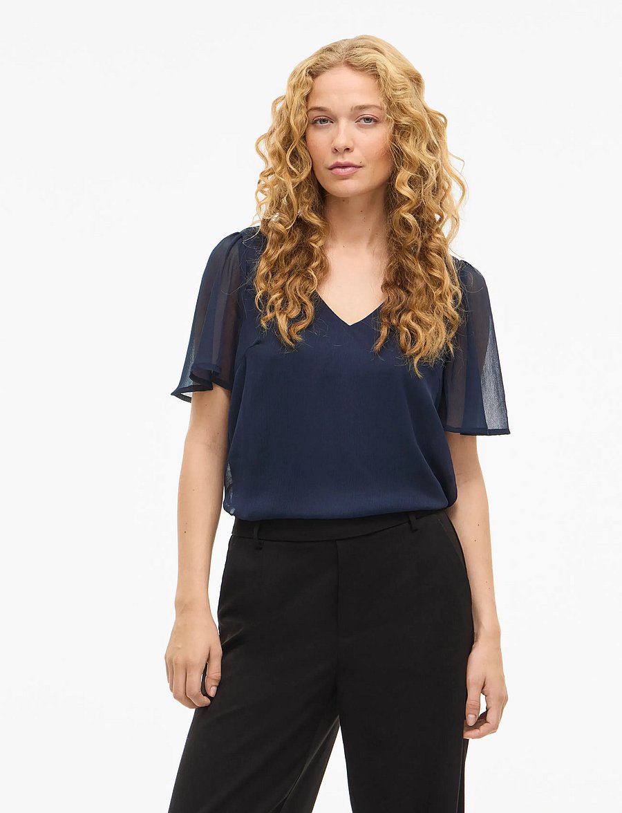 Vila - VIFALIA V-NECK S/S TOP - NOOS - short-sleeved blouses - navy blazer - 0