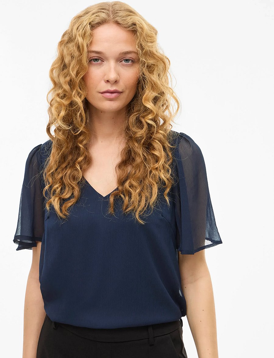 Vila - VIFALIA V-NECK S/S TOP - NOOS - short-sleeved blouses - navy blazer - 5