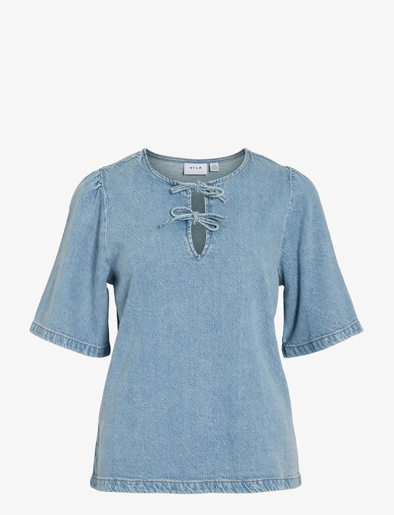 Vila - VIKIKI O-NECK 2/4 TIE DENIM TOP - jeansskjortor - light blue denim - 0