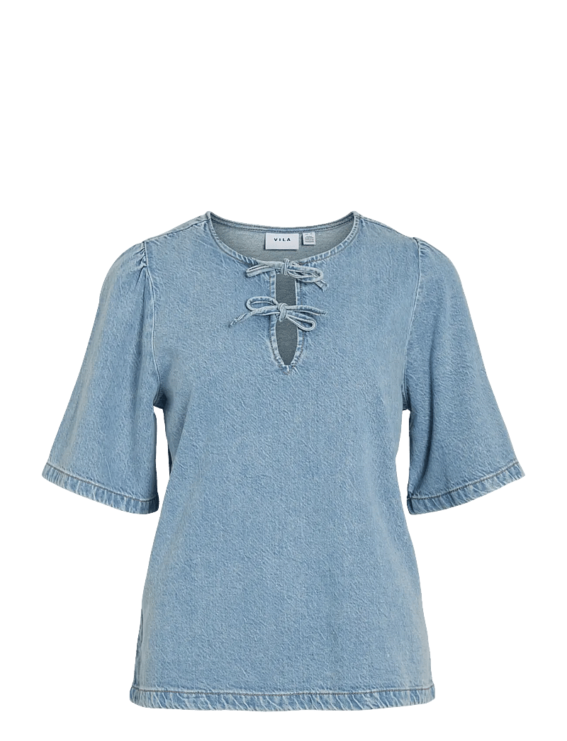 Vila - VIKIKI O-NECK 2/4 TIE DENIM TOP - jeansskjortor - light blue denim - 0