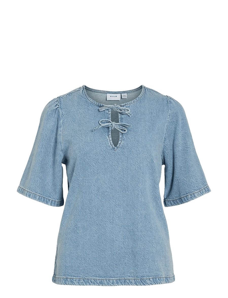 Vila - VIKIKI O-NECK 2/4 TIE DENIM TOP - jeansskjortor - light blue denim - 0