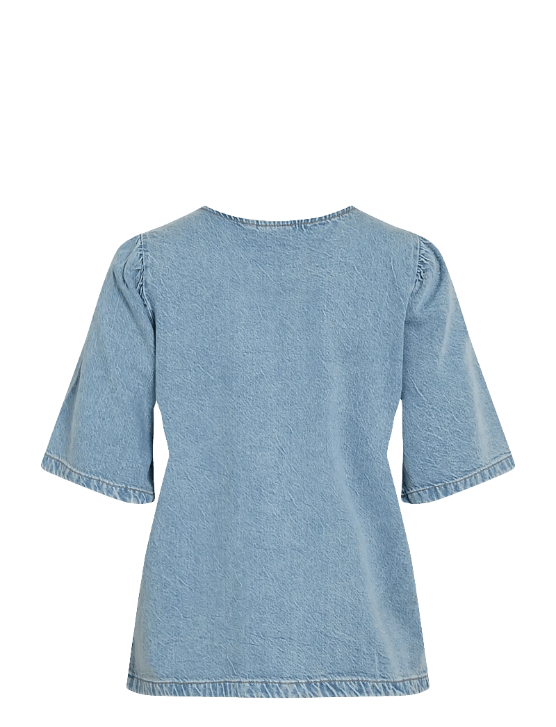 Vila - VIKIKI O-NECK 2/4 TIE DENIM TOP - jeansskjortor - light blue denim - 1