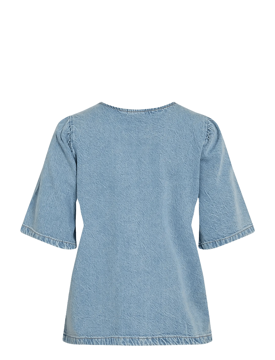 Vila - VIKIKI O-NECK 2/4 TIE DENIM TOP - jeansskjortor - light blue denim - 1