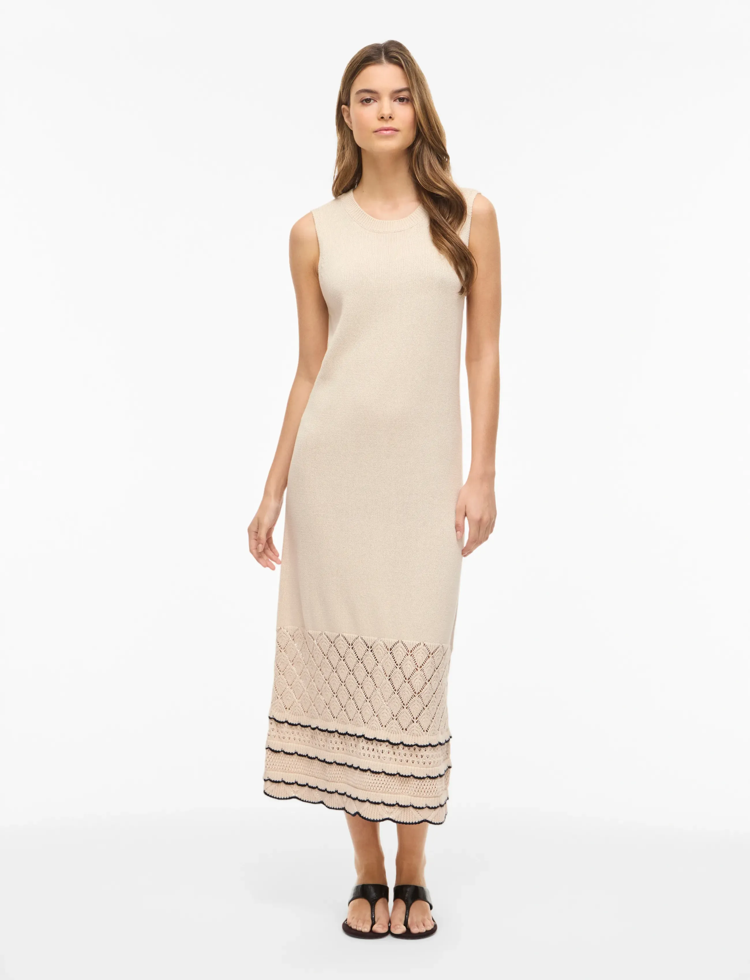 Vila Vizinnia S/L Detail Long Knit Dress, Kvinder, Ærmeløs Lang Strikkjole Med Blonde Detalje, Sort, Str: M