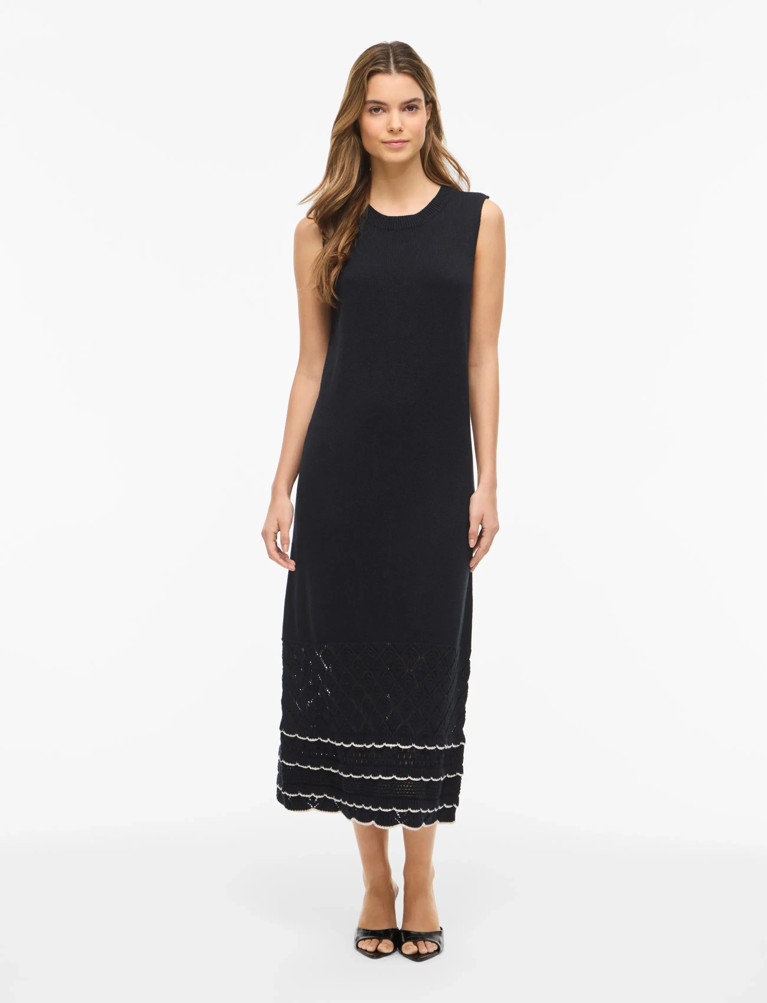 Vila Vizinnia S/L Detail Long Knit Dress, Kvinder, Ærmeløs Lang Strikkjole Med Blonde Detalje, Sort, Str: M