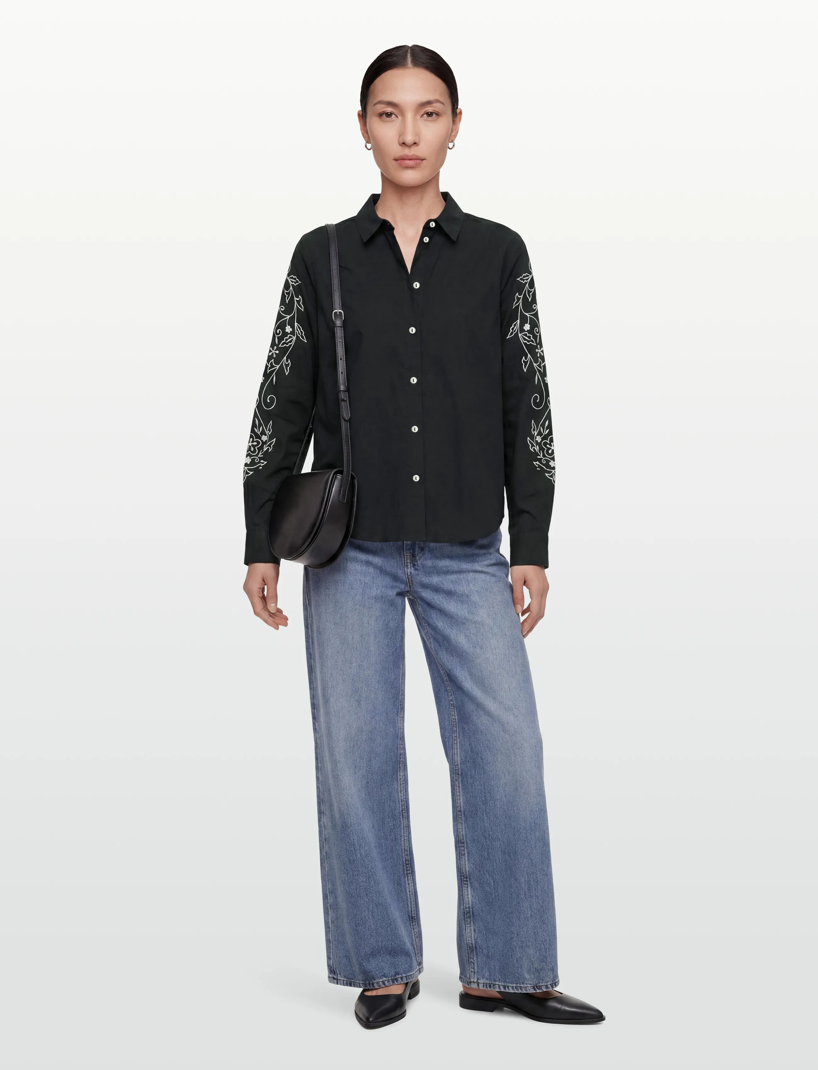 Vila Vifelice L/S Embroidery Shirt, Kvinder, Broderet Langærmet Skjorte, Sort, Str: 38