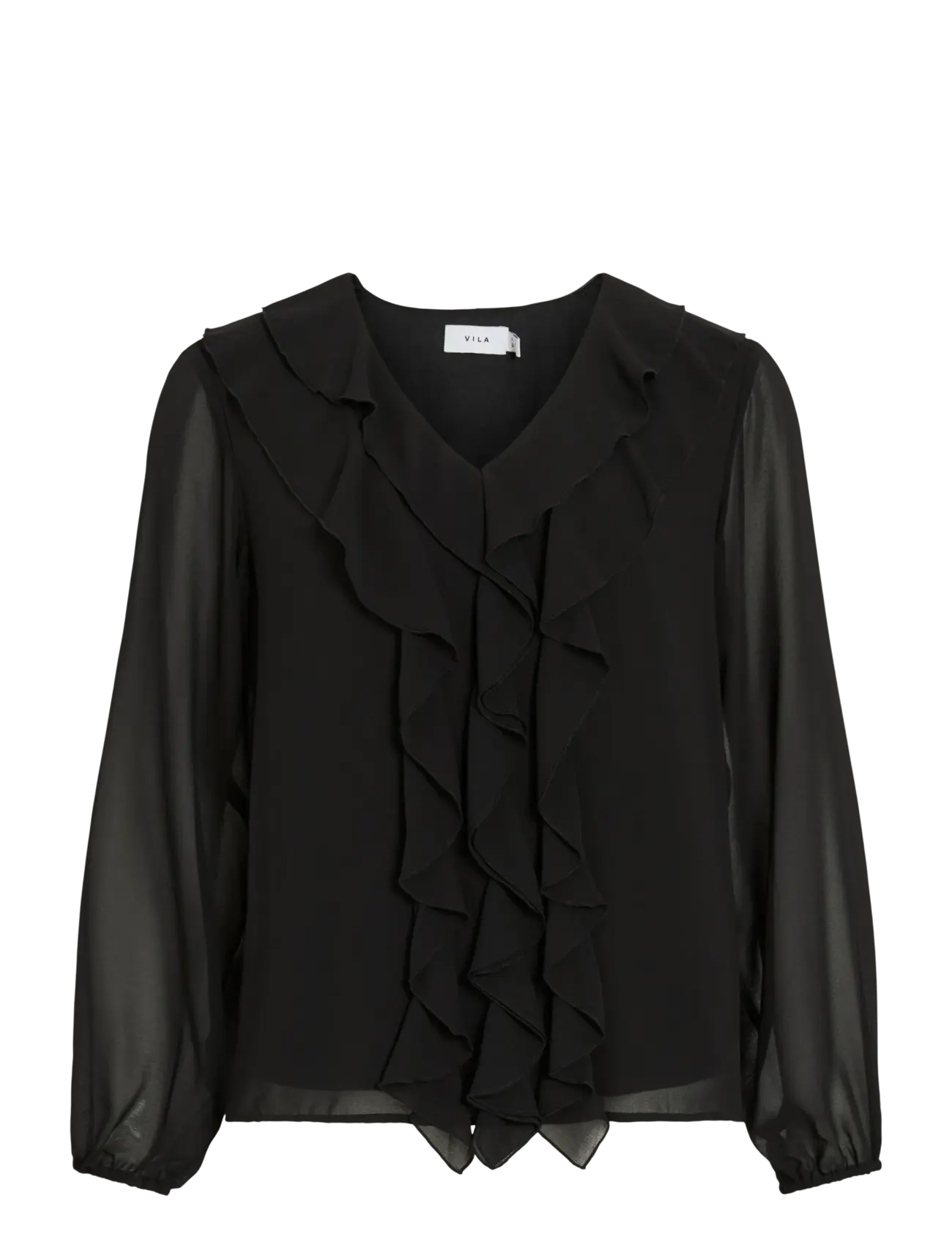 VILA Viane L/S V-Ausschnitt Frill Oberteil - Noos Schwarz - 40 - Damen