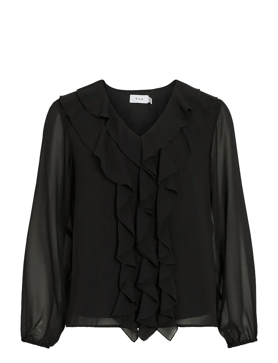 Vila - VIANE L/S V-NECK FRILL TOP - NOOS - langärmelige blusen - black - 1