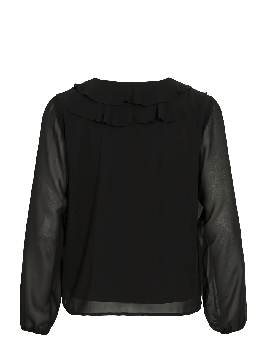 Vila - VIANE L/S V-NECK FRILL TOP - NOOS - langärmelige blusen - black - 2