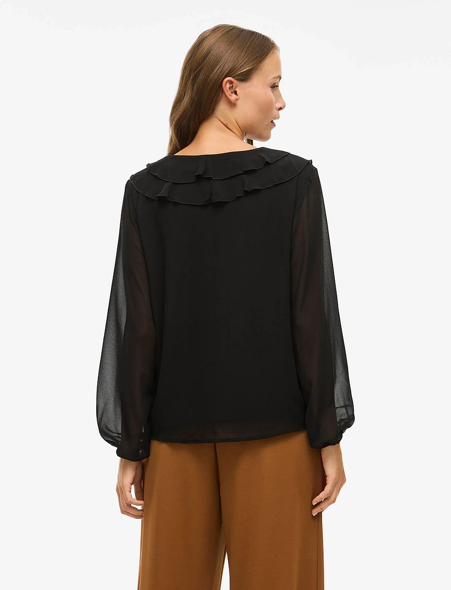 Vila - VIANE L/S V-NECK FRILL TOP - NOOS - langärmelige blusen - black - 3