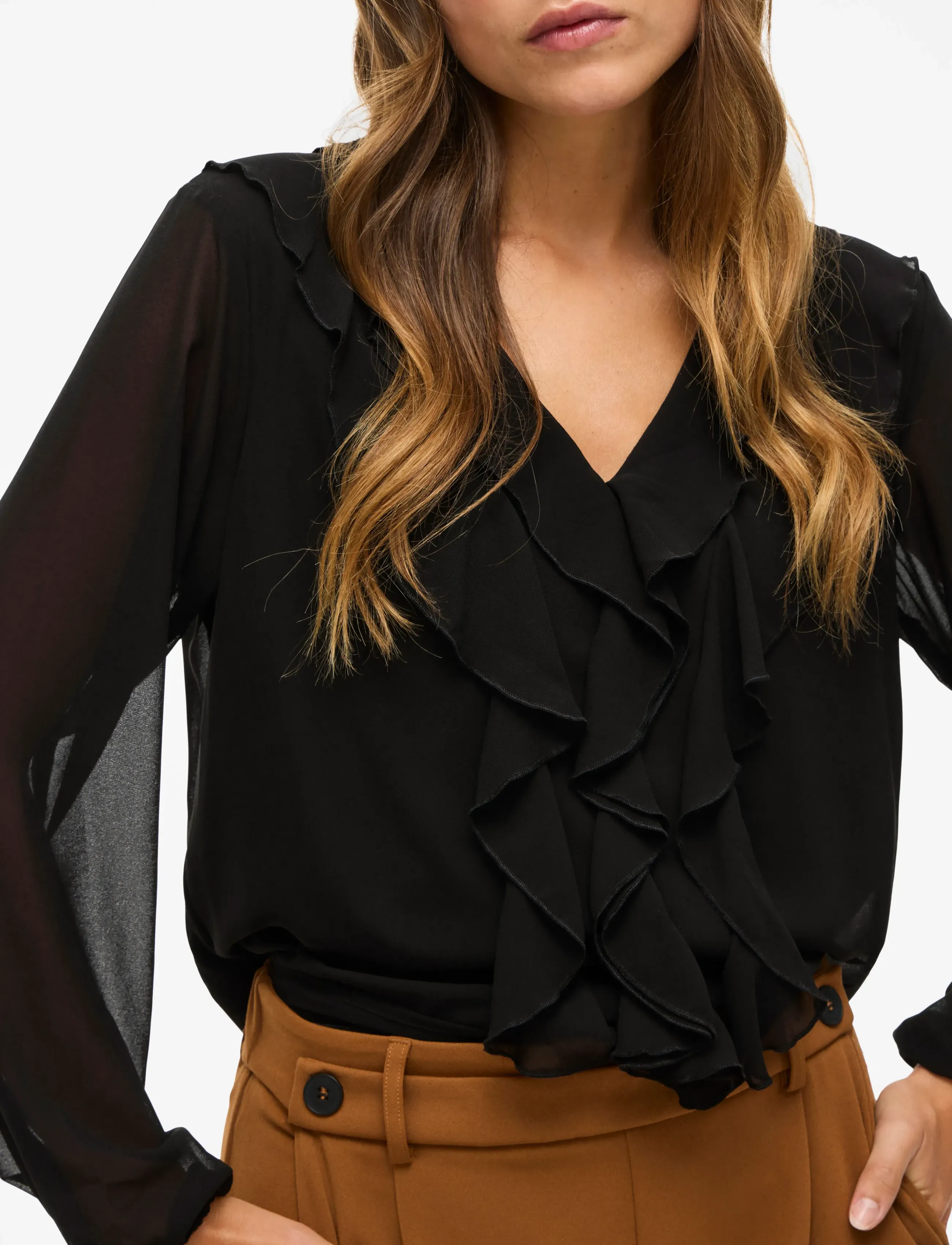 Vila - VIANE L/S V-NECK FRILL TOP - NOOS - langærmede bluser - black - 4