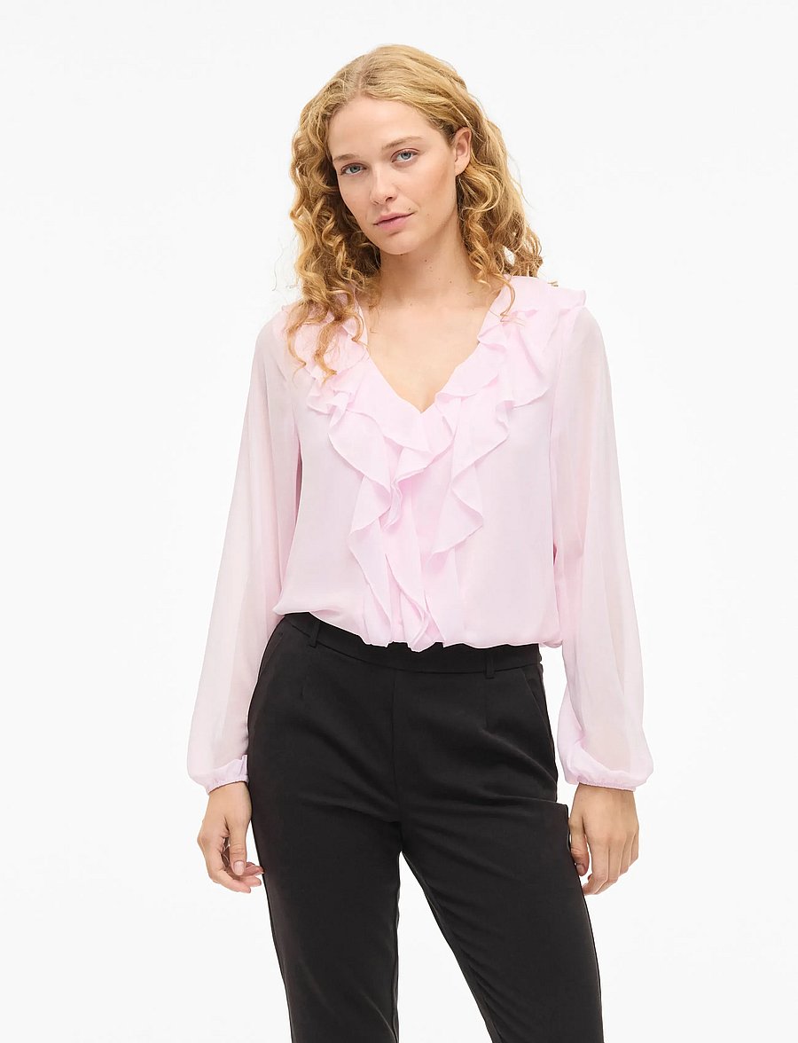 Vila - VIANE L/S V-NECK FRILL TOP - NOOS - blouses à manches longues - cherry blossom - 0