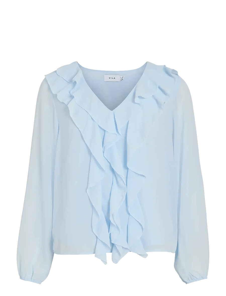 Vila - VIANE L/S V-NECK FRILL TOP - NOOS - langärmelige blusen - nantucket breeze - 1