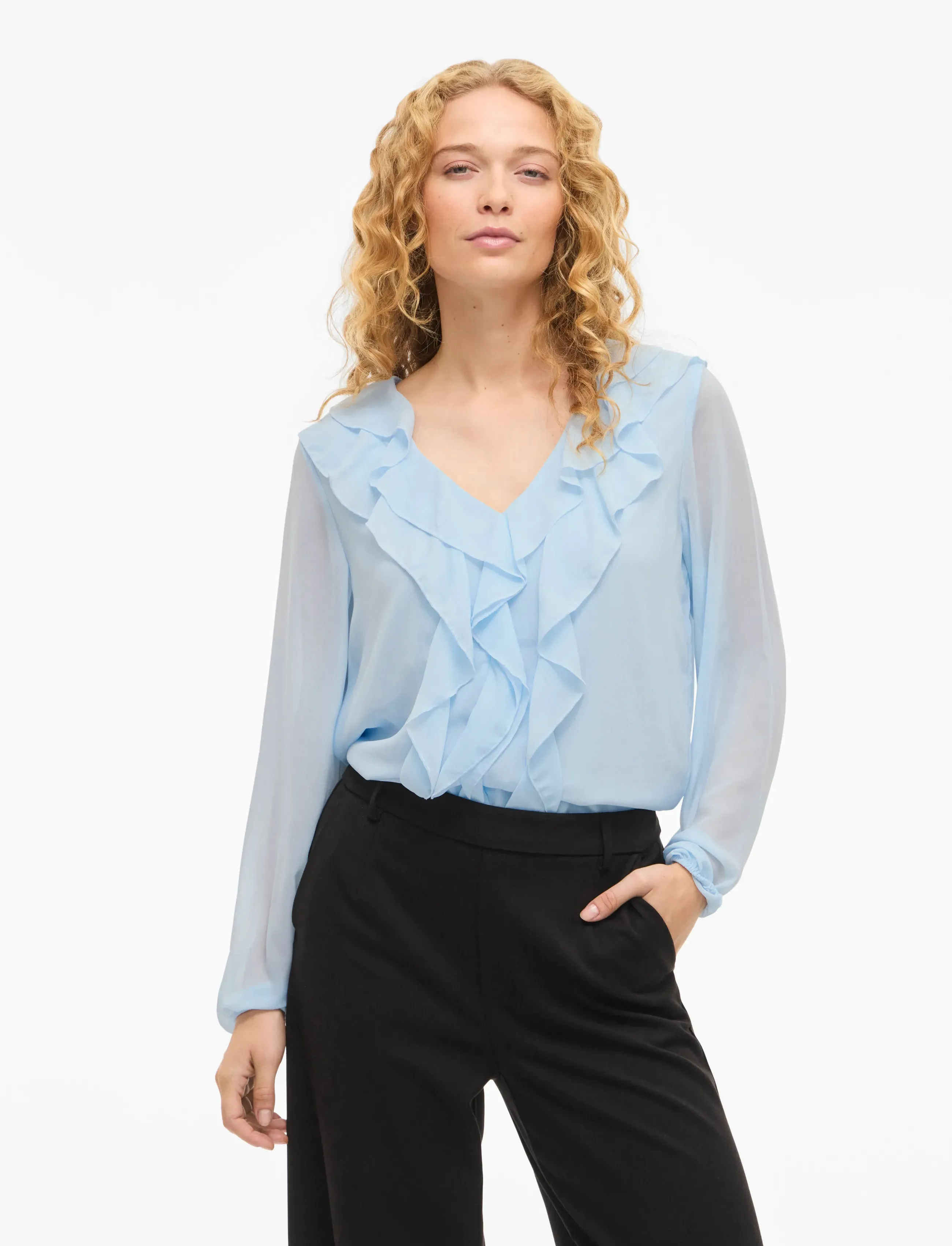 Vila VIANE L/S V-NECK FRILL TOP - NOOS - Blusen - NANTUCKET BREEZE / blue