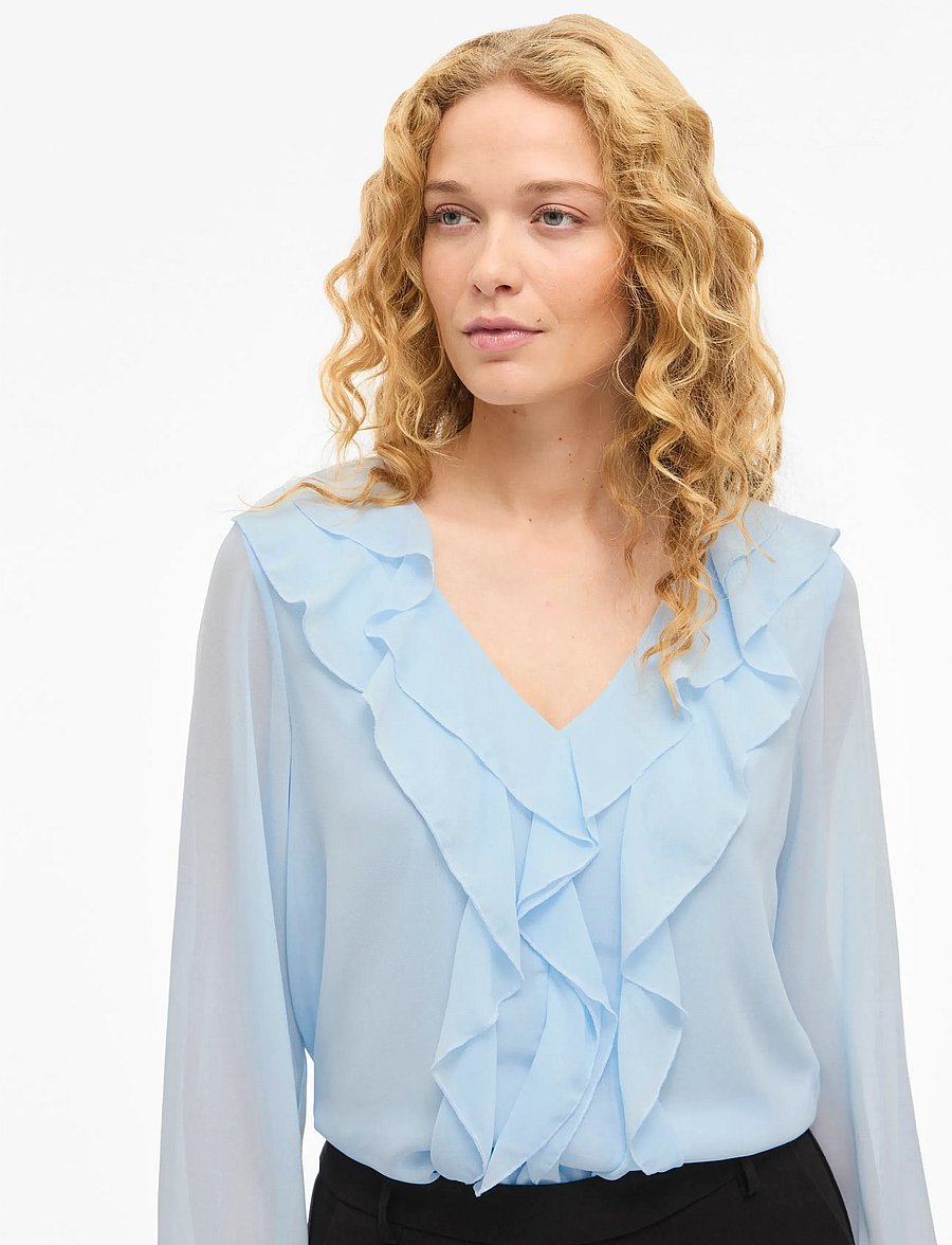 Vila - VIANE L/S V-NECK FRILL TOP - NOOS - langärmelige blusen - nantucket breeze - 5