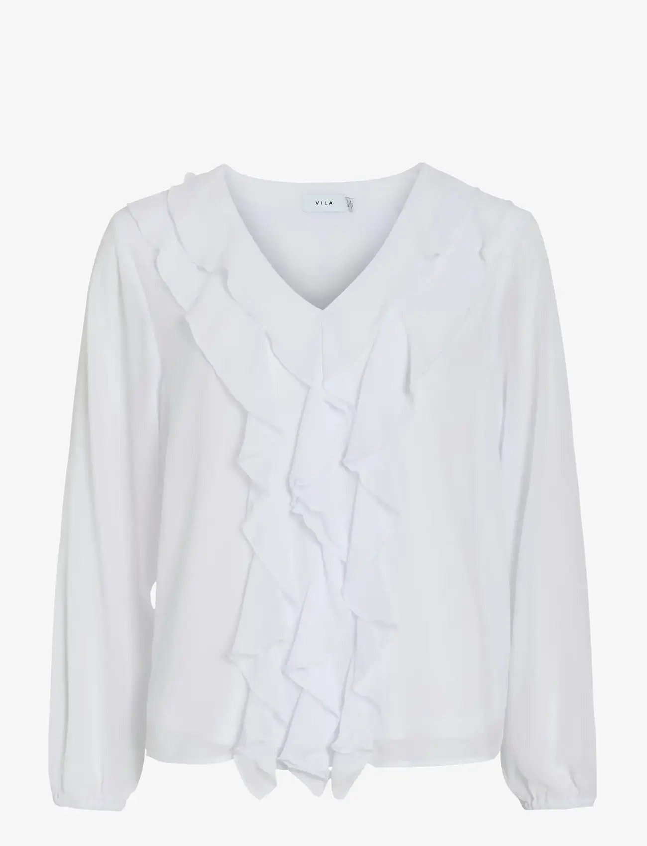 Vila - VIANE L/S V-NECK FRILL TOP - NOOS - langærmede bluser - snow white - 1
