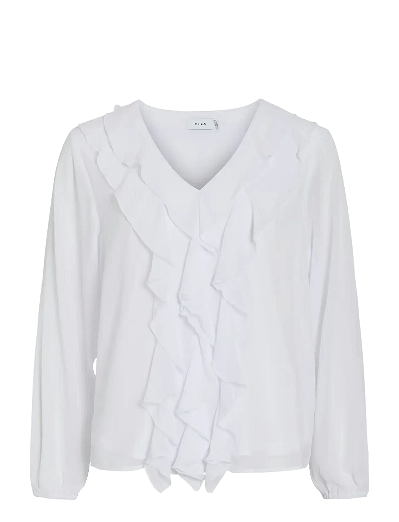 Vila - VIANE L/S V-NECK FRILL TOP - NOOS - langärmlige blusen - snow white - 1