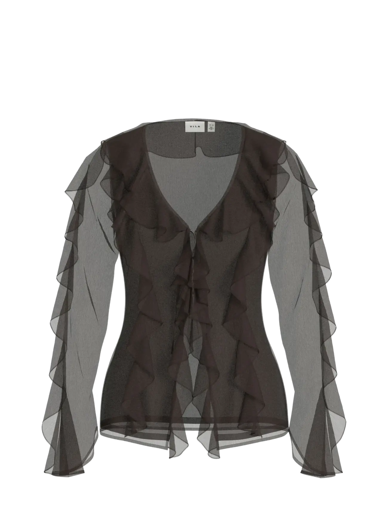 Vila Vifalia L/S Frill Kimono Top/Ka, 38, Brown, T-Shirts & Toppe > Langærmede, Dame