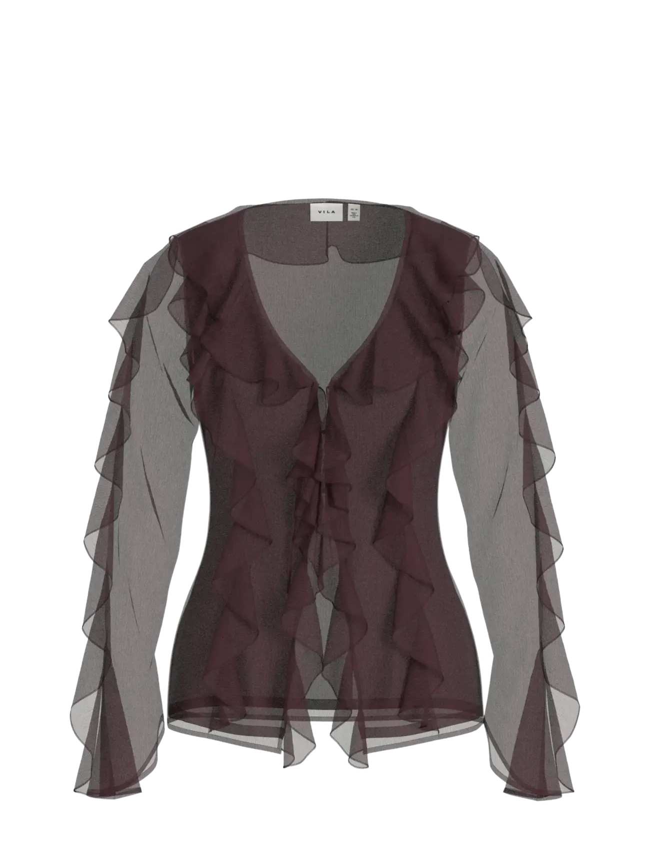 Vila Vifalia L/S Frill Kimono Top/Ka, 42, Brown, T-Shirts & Toppe > Langærmede, Dame