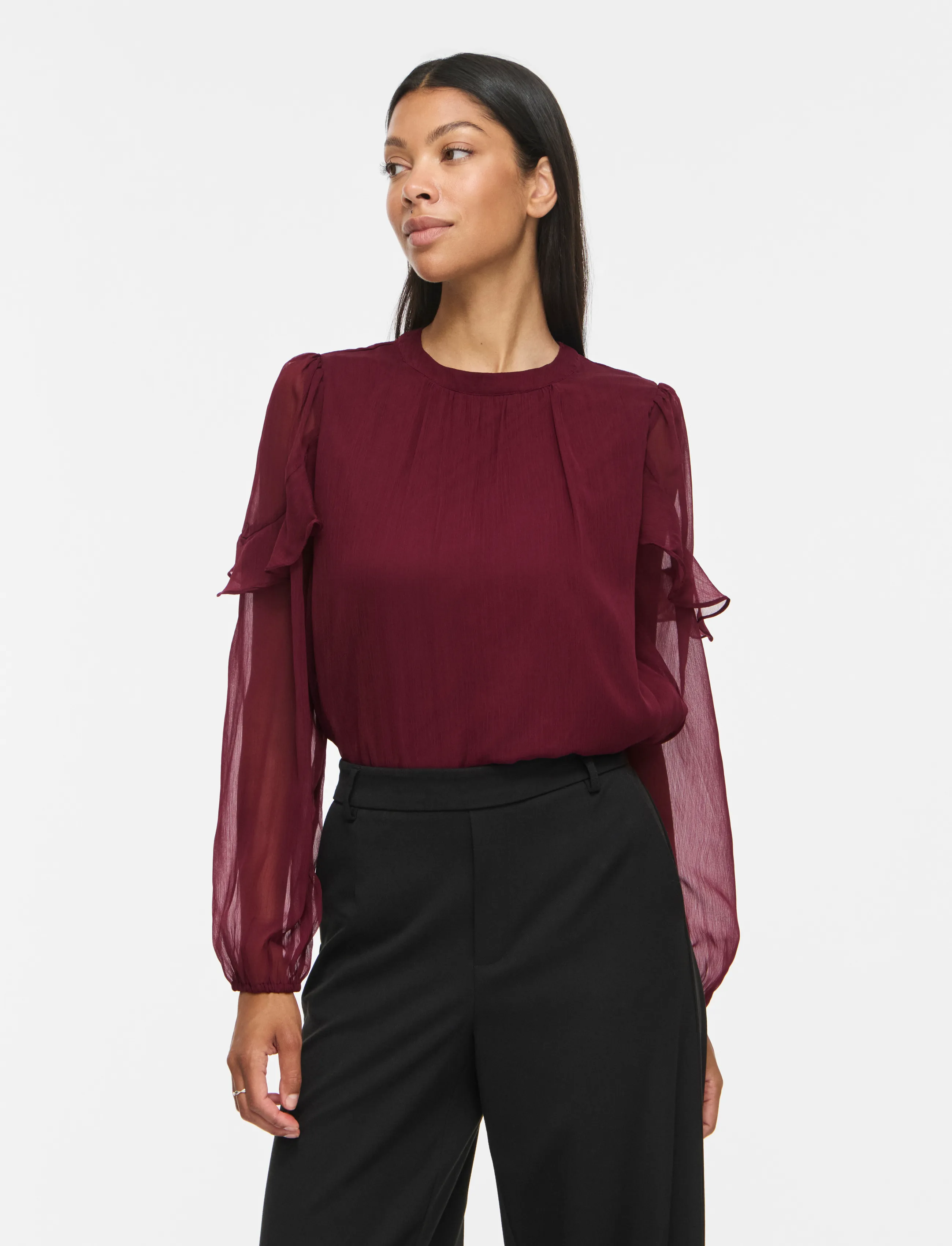 Vila Vielly L/S Flounce Top, 40, Blouses, Burgunderrot - Long-sleeved, Frauen