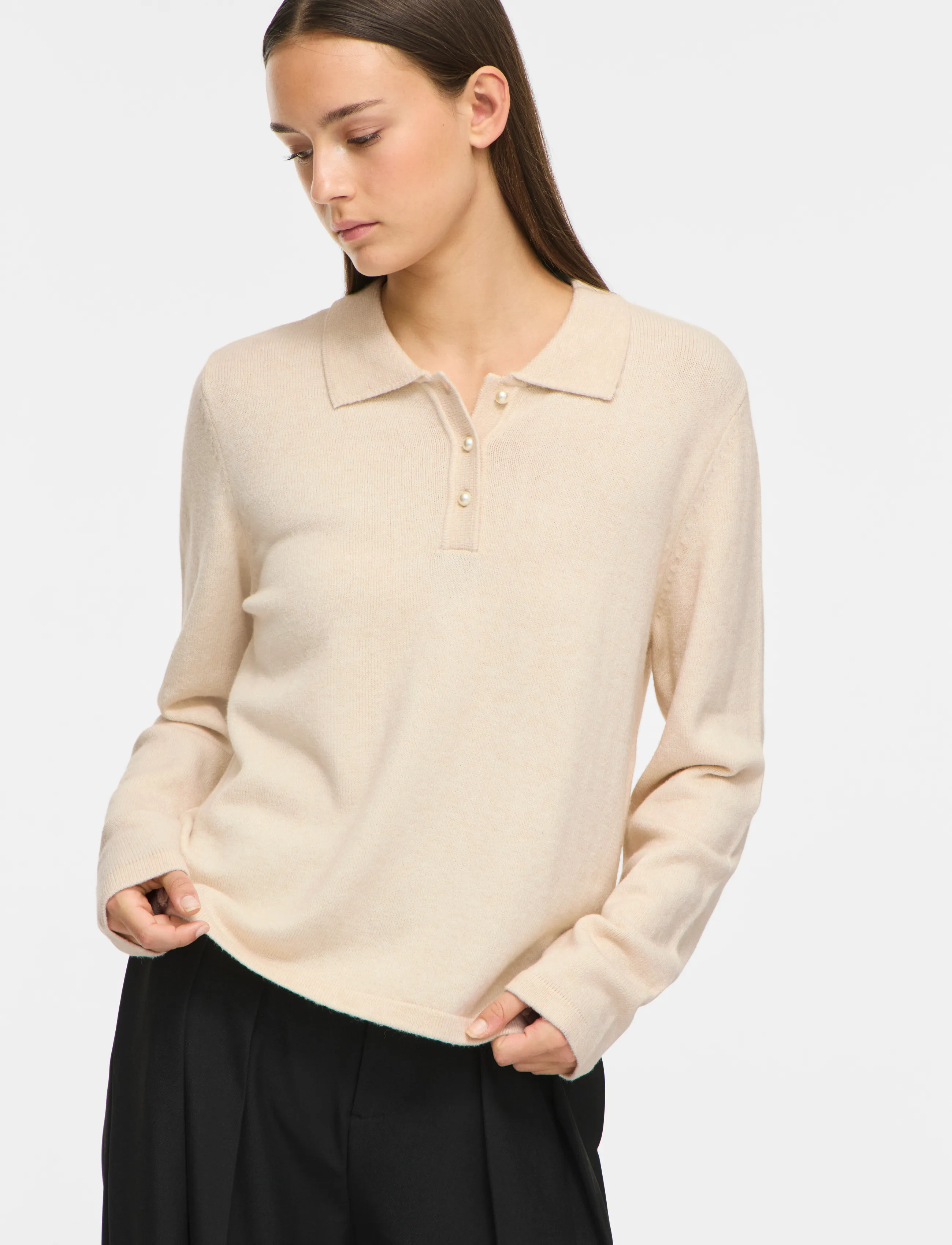Vila - VIRIL L/S POLO PULLOVER KNIT - NOOS - super light natural melan - 5