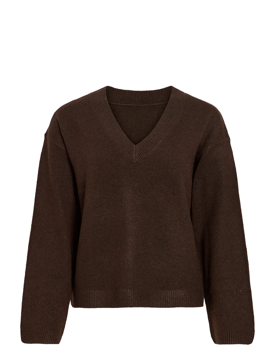 Vila - VILIGA L/S REV V-NECK KNIT TOP - NOOS - striktrøjer - coffee bean - 1