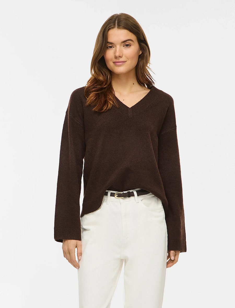 Vila - VILIGA L/S REV V-NECK KNIT TOP - NOOS - striktrøjer - coffee bean - 0