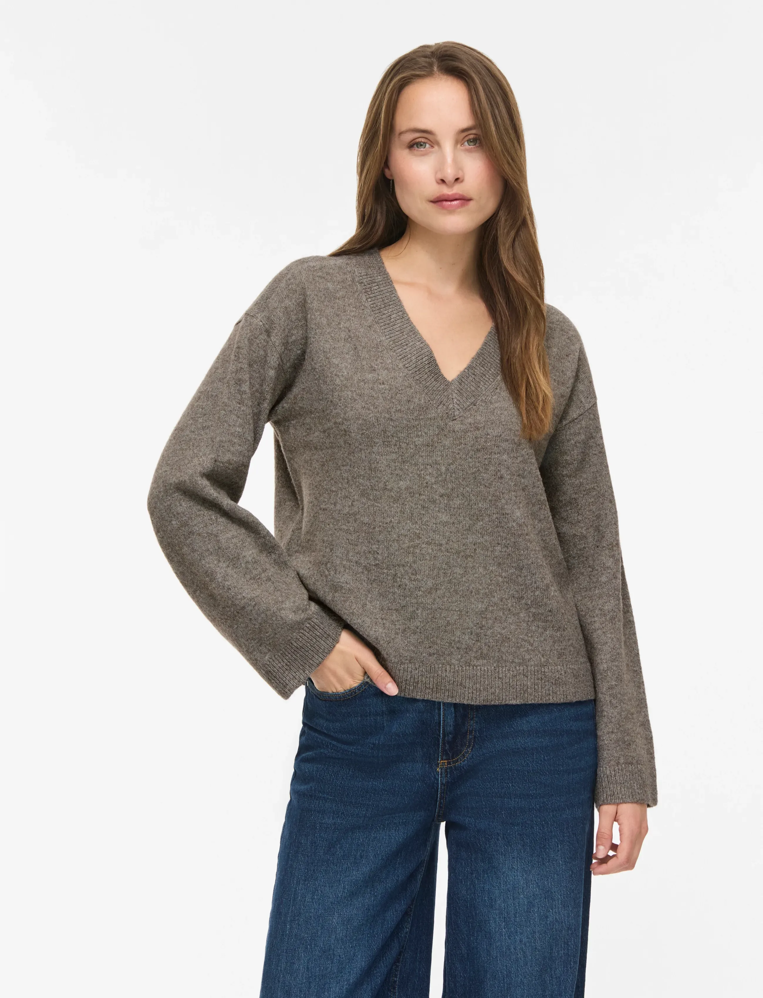 Vila Viliga L/S Rev V-Neck Knit Top - Noos, S, Brown, Strik > Trøjer, Dame