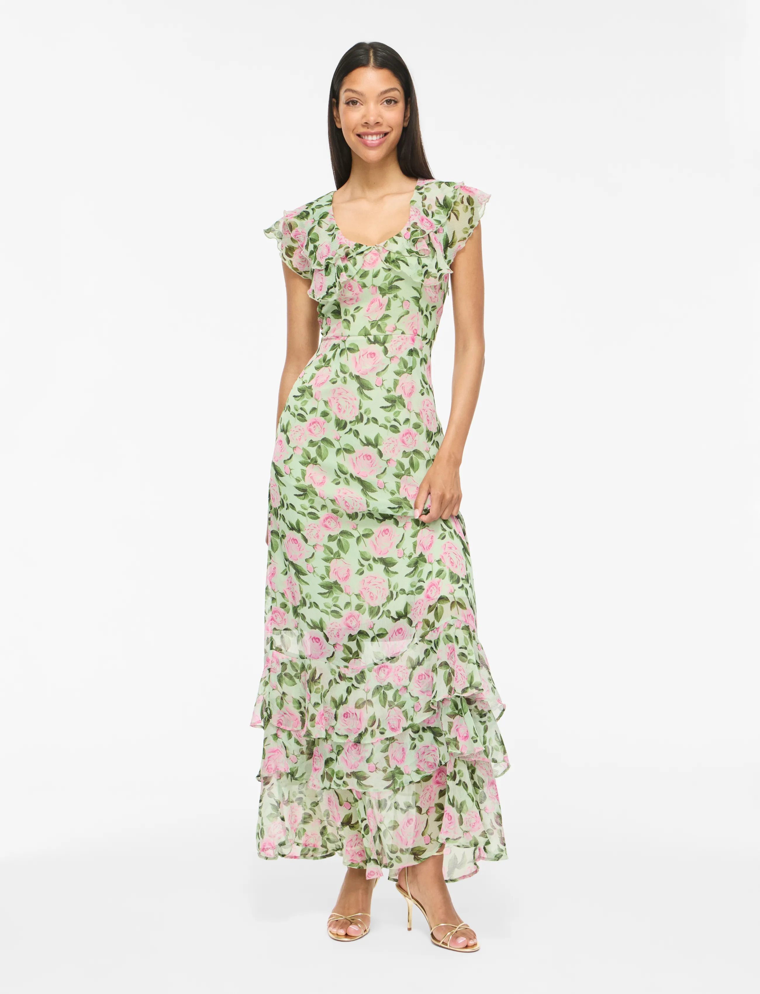 Vila VIMARIGOLD C/S V-NECK MAXI DRESS/DC/KA - Modetrends - SMOKE GREEN / pink/rose