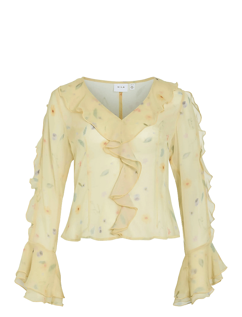Vila - VIEMMY L/S V-NECK FRILL TOP - långärmade blusar - pale banana - 0