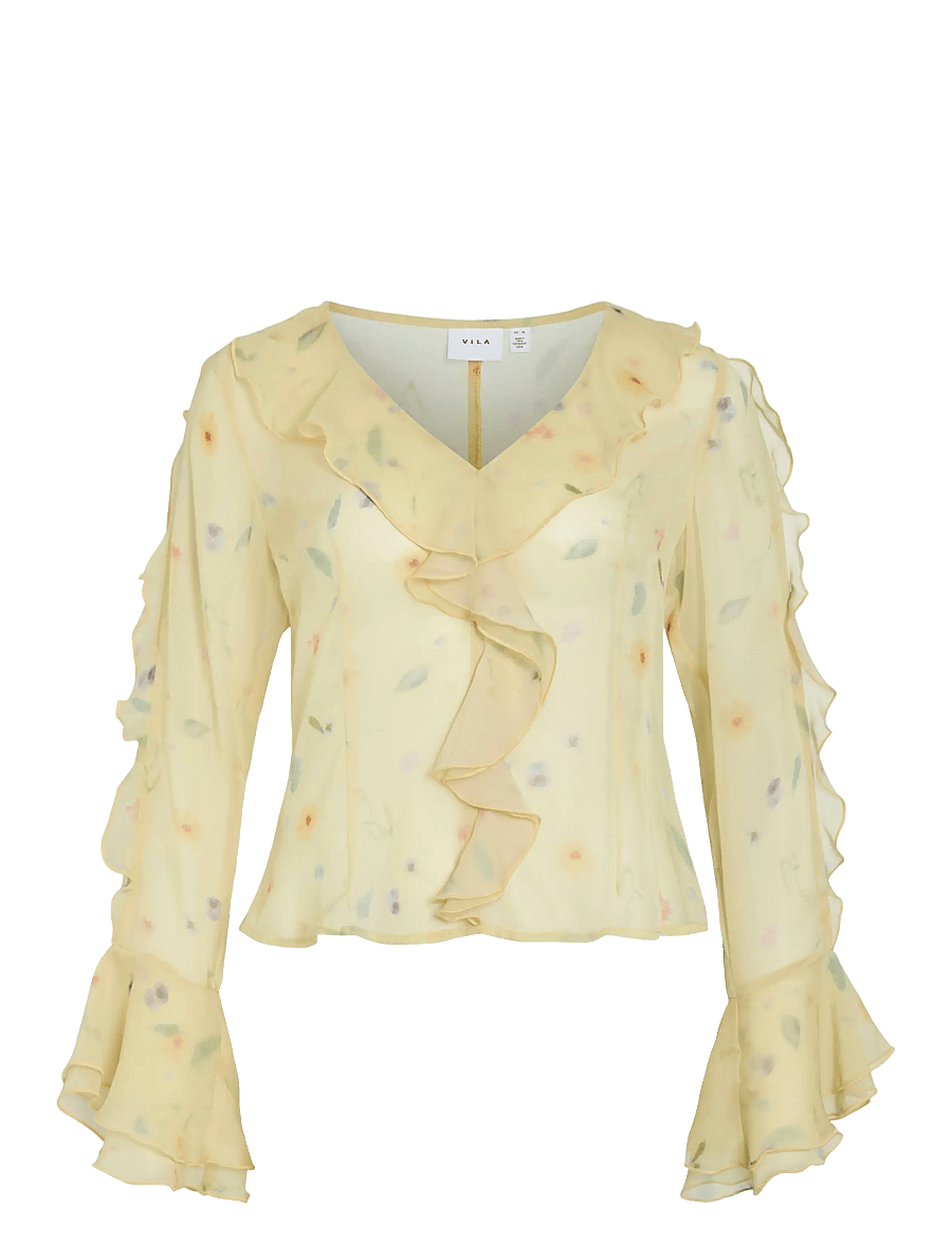 Vila - VIEMMY L/S V-NECK FRILL TOP - langärmelige blusen - pale banana - 0