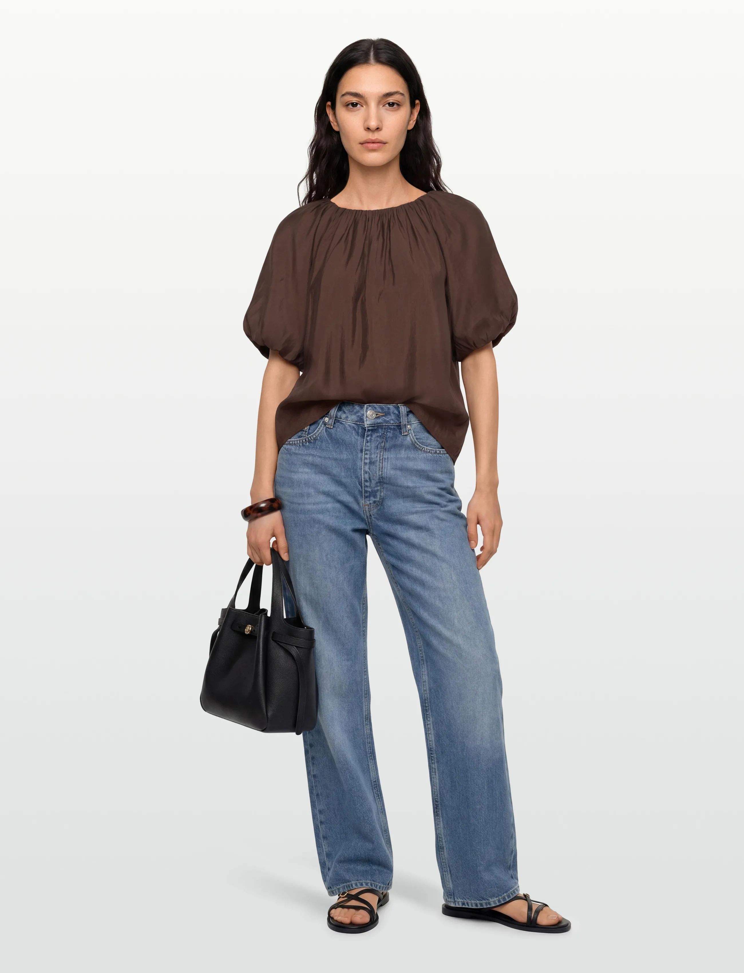 Vila VIHEKLA BOAT NECK 2/4 TOP - Blūzes - SLATE BLACK / brown