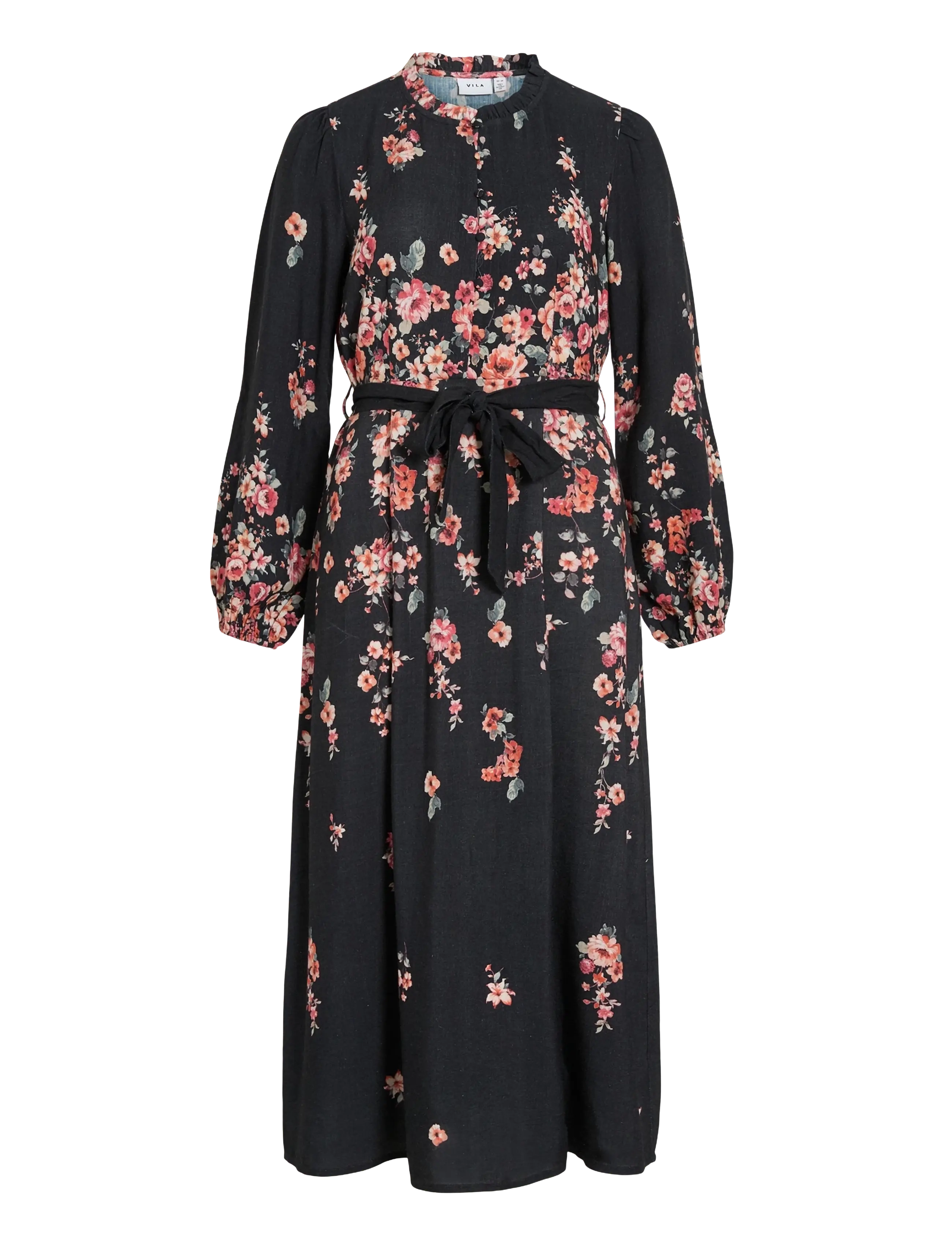 Vila Vielma Bai O-Neck Ls Ankle Midi Dress/Ln, 38, Black, Kjoler > Knælange Og Midi, Dame