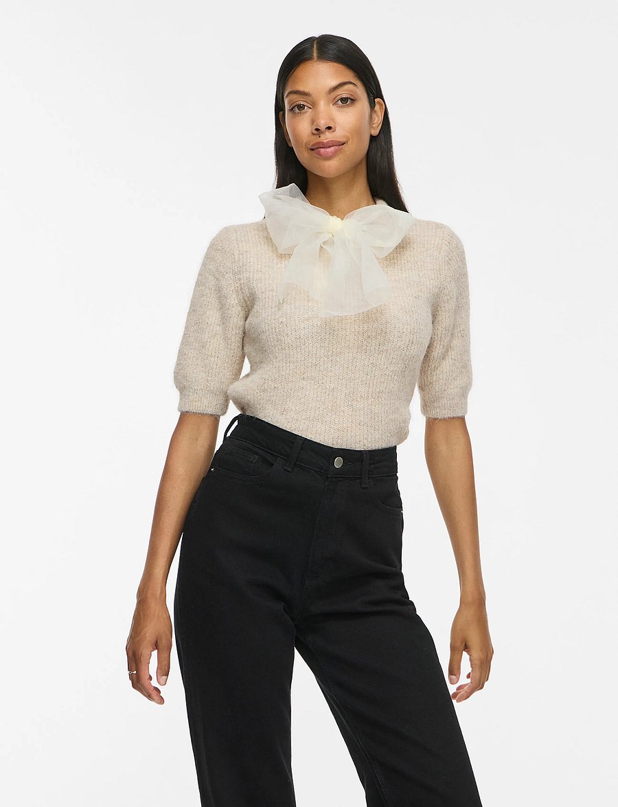 Vila - VIITZA O-NECK 2/4 BOW KNIT TOP/BFS - stickade tröjor - super light natural melan - 0