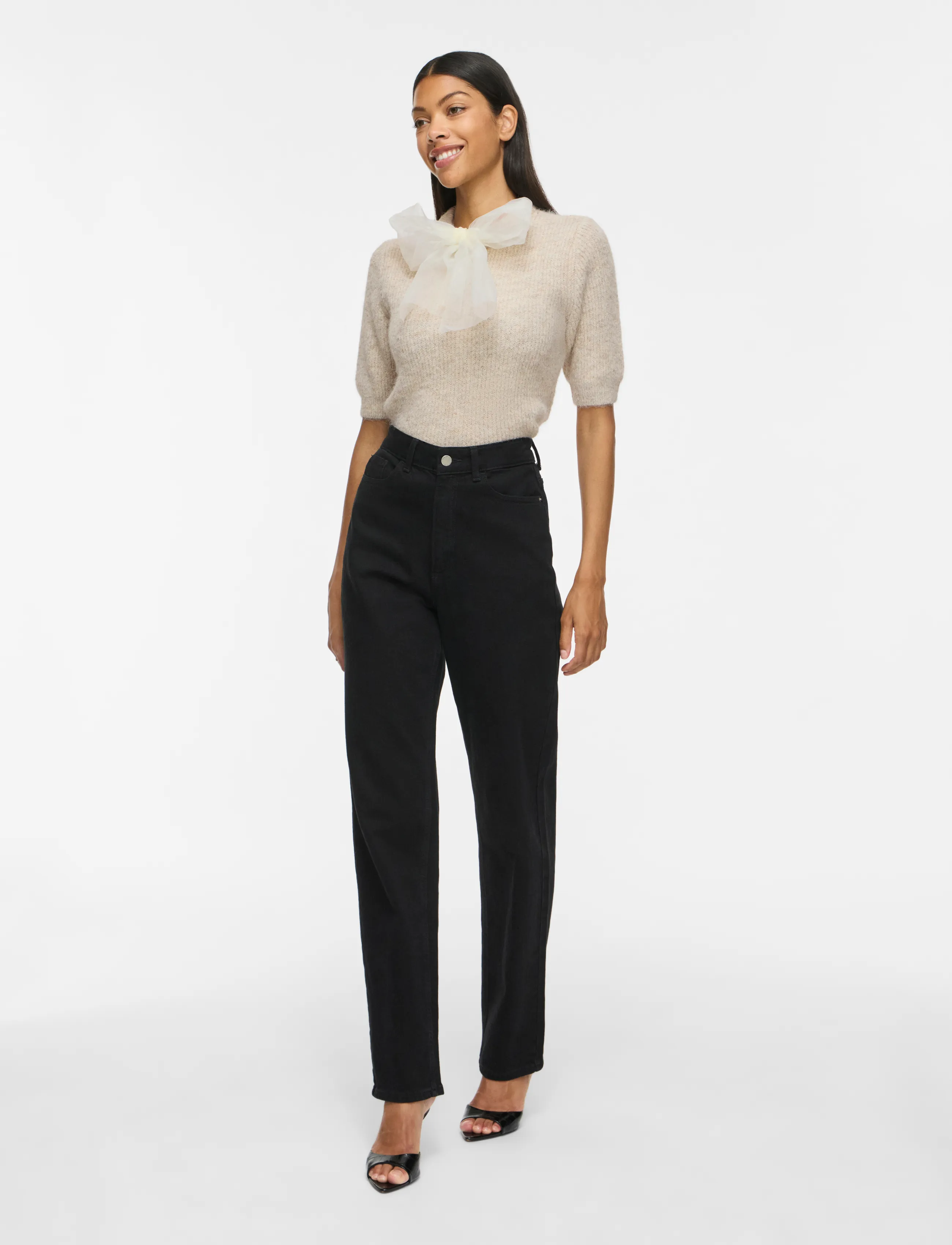 Vila - VIITZA O-NECK 2/4 BOW KNIT TOP/BFS - jumpers - super light natural melan - 4