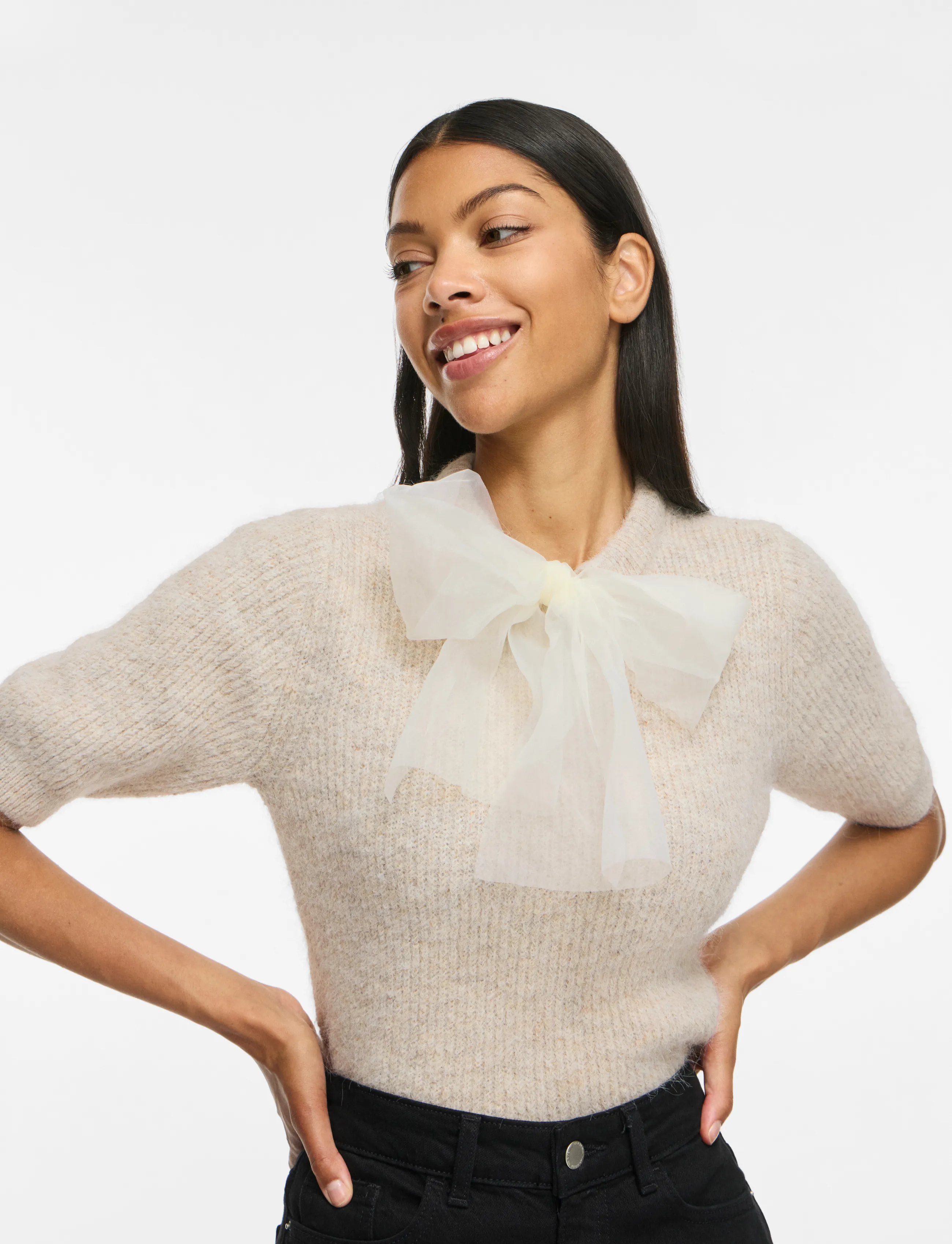 Vila VIITZA O-NECK 2/4 BOW KNIT TOP/BFS - Fødselsdag - SUPER LIGHT NATURAL MELAN / cream