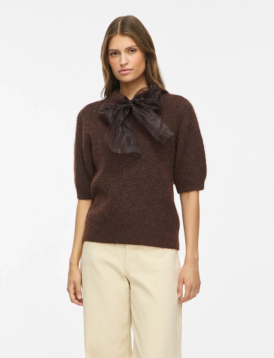 Vila - VIITZA O-NECK 2/4 BOW KNIT TOP/BFS - stickade tröjor - coffee bean - 0