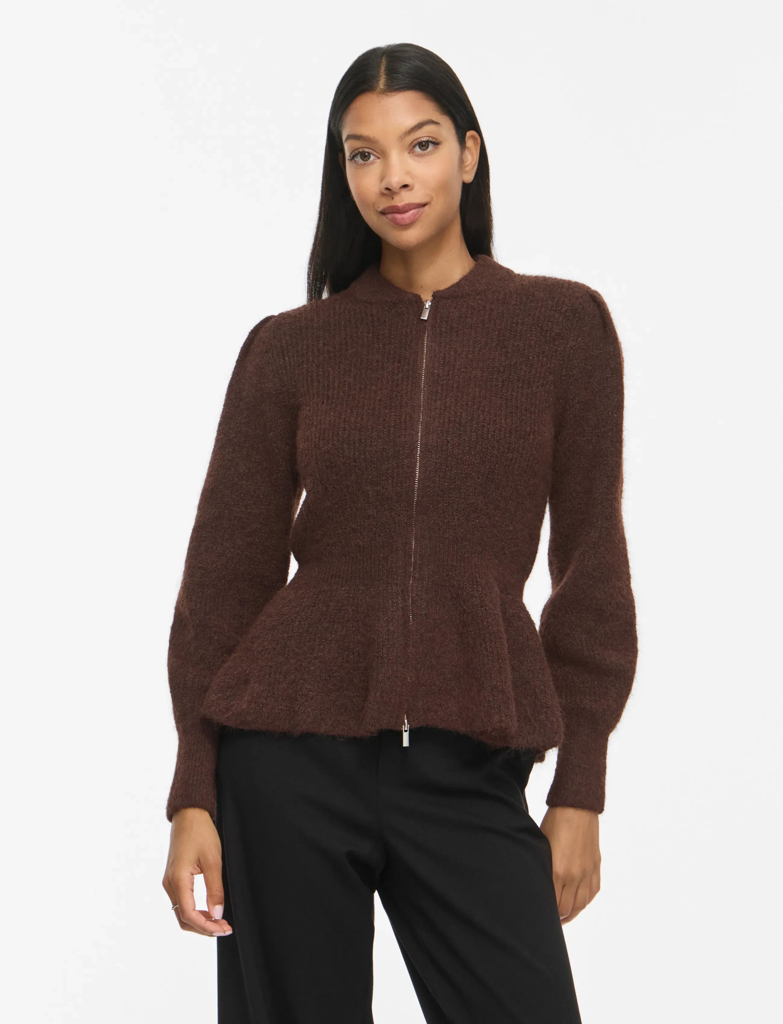 Vila VIGRACIE L/S PEPLUM ZIP KNIT CARDI/PB/RN - Vila - COFFEE BEAN / brown
