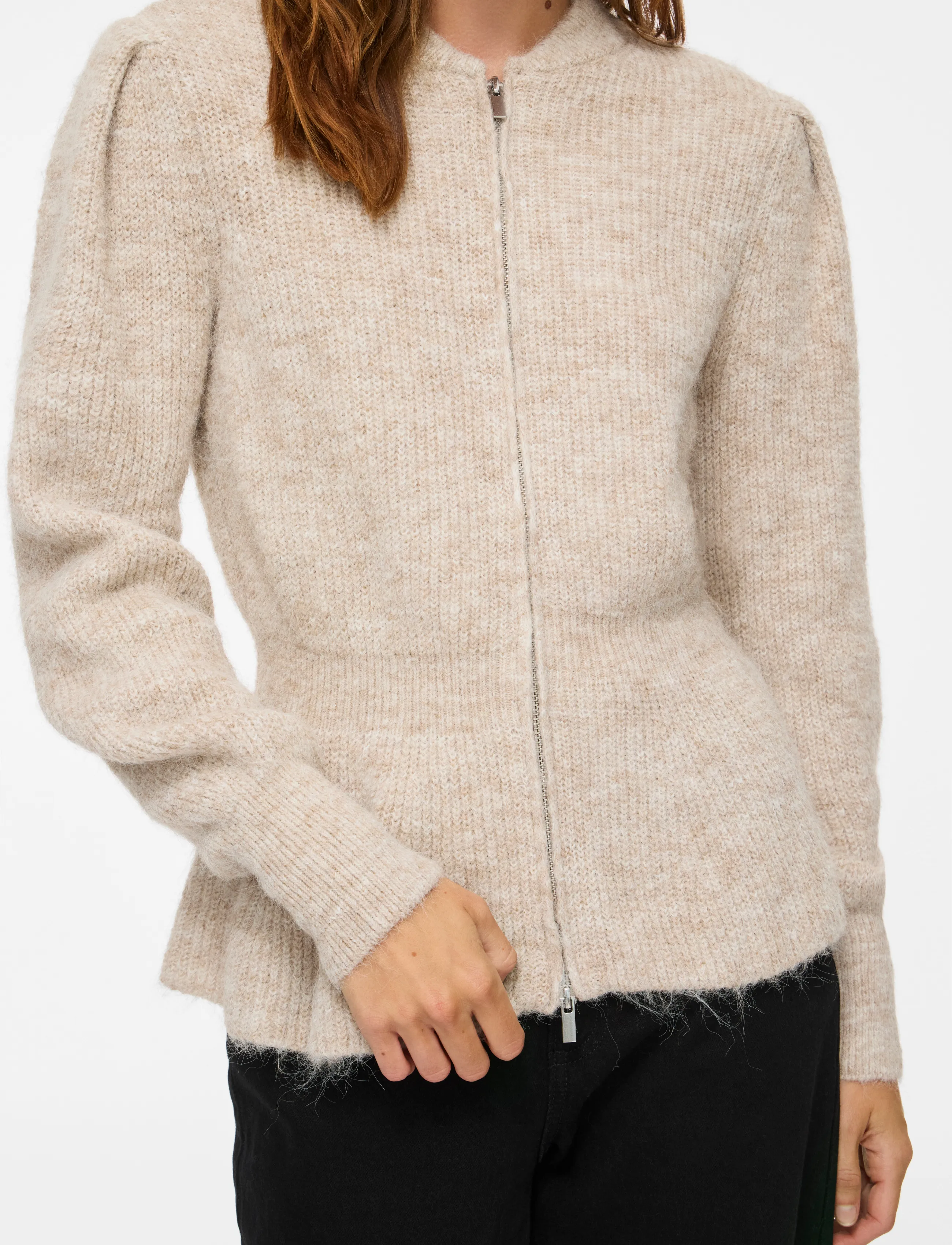 Vila VIGRACIE L/S PEPLUM ZIP KNIT CARDI/PB/RN - Fødselsdag - NATURAL MELANGE / beige