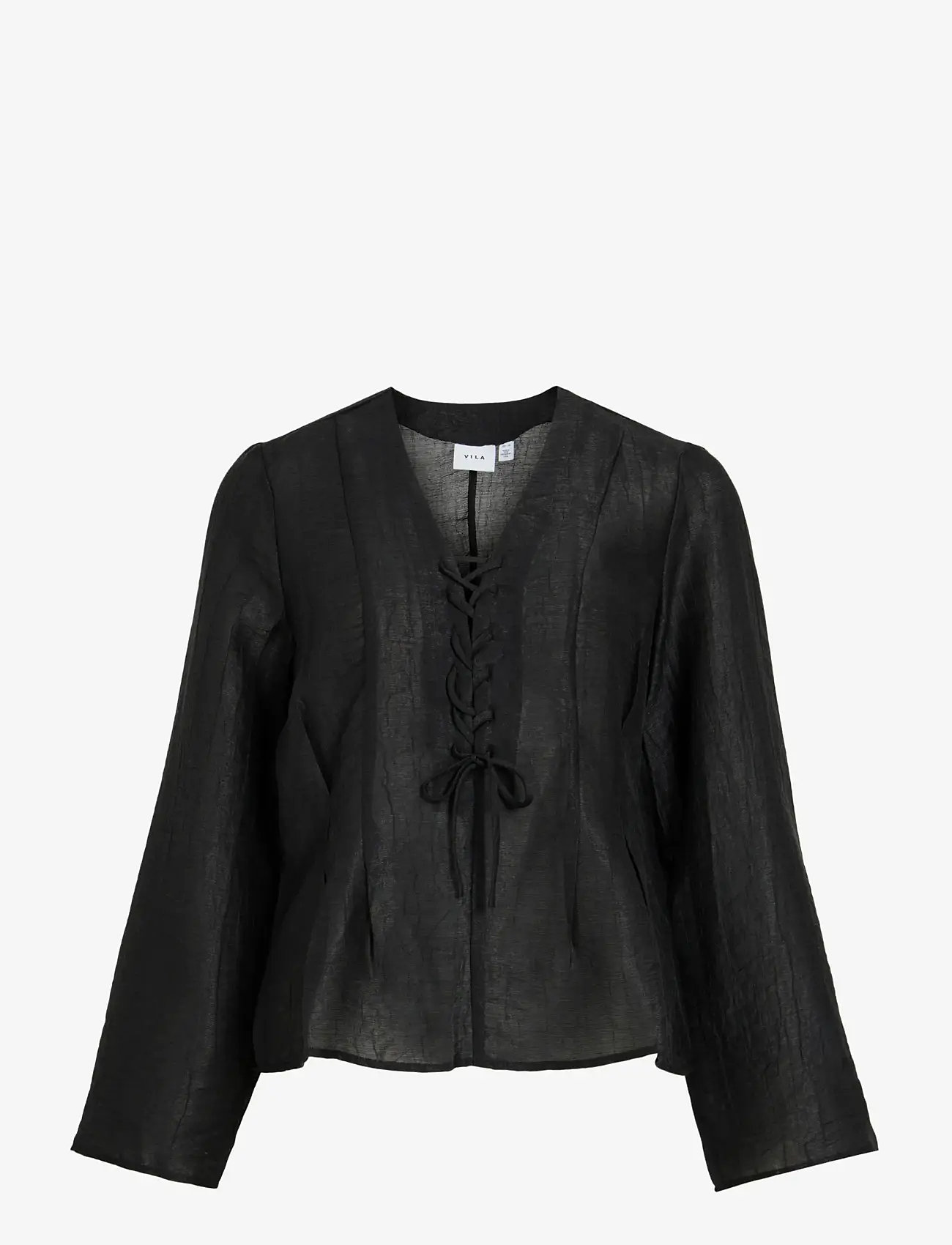 Vila - VICINA L/S V-NECK LACING TOP - long sleeved blouses - black - 1