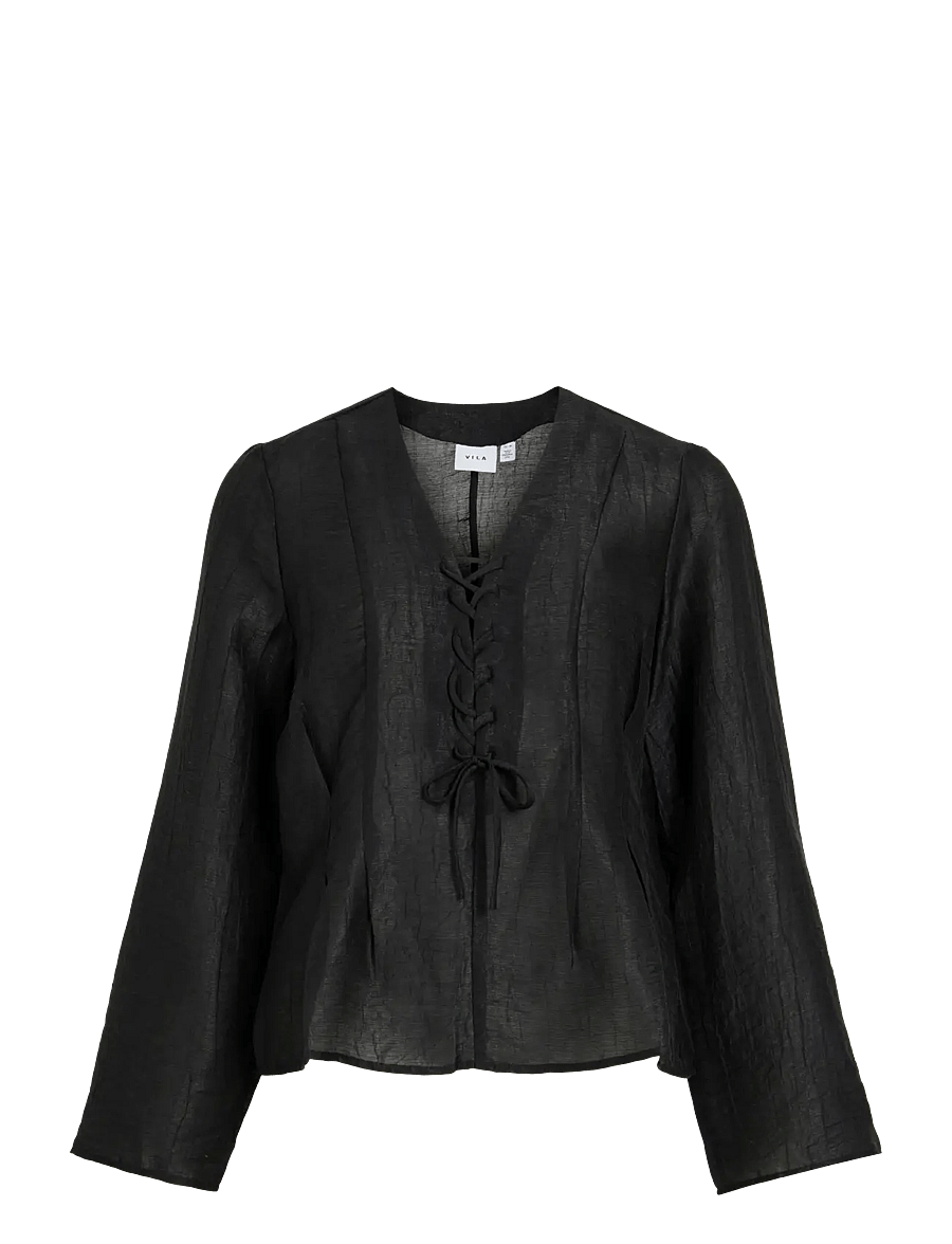 Vila - VICINA L/S V-NECK LACING TOP - langärmelige blusen - black - 1