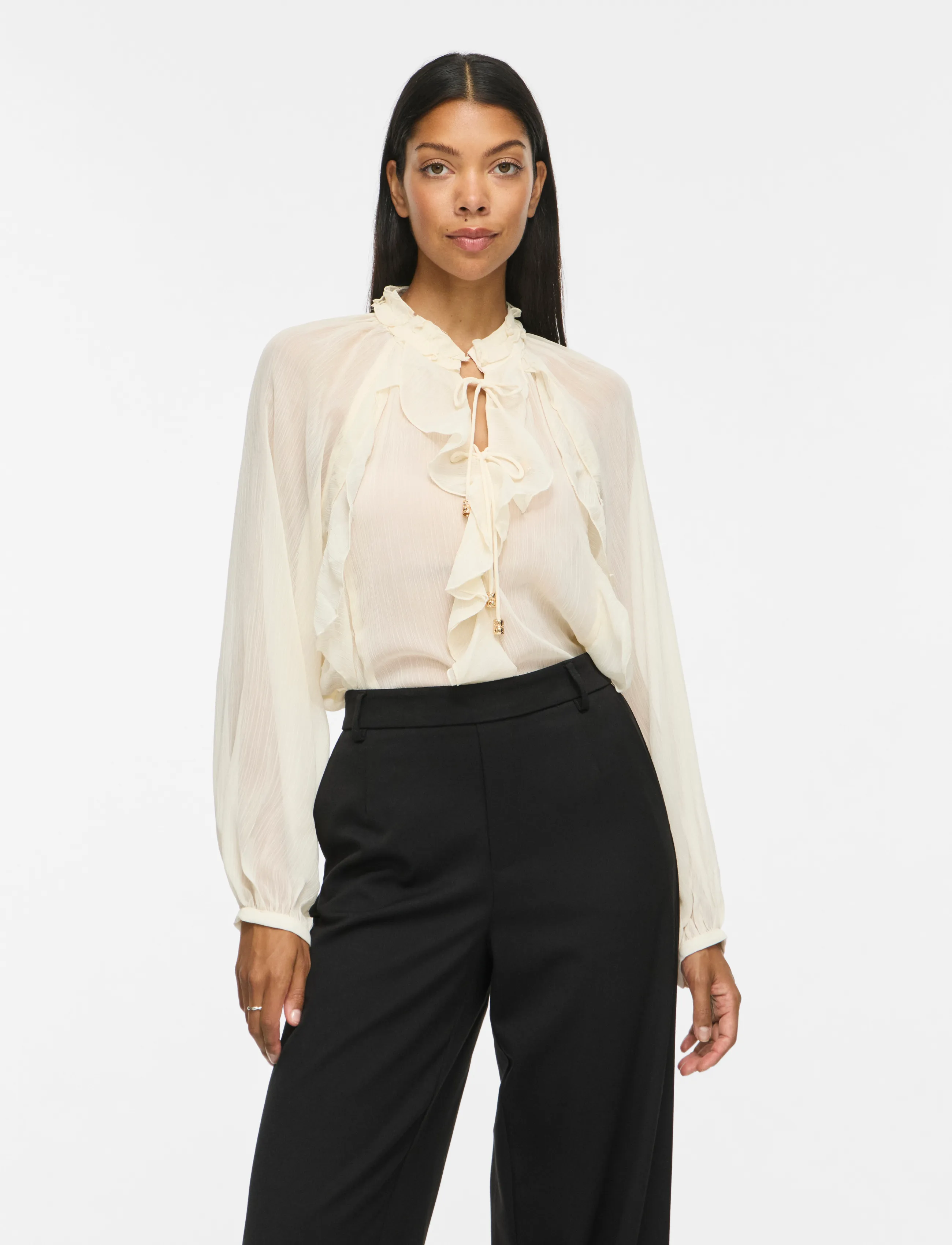 Vila VITIRO V-NECK L/S FLOUNCE TOP/BFS - Pluusid ja särgid - BIRCH / cream