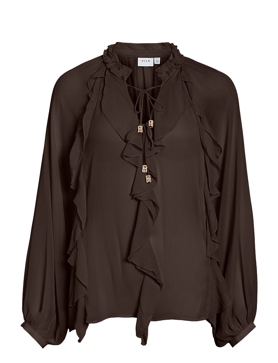 Vila - VITIRO V-NECK L/S FLOUNCE TOP/BFS - palaidinės ilgomis rankovėmis - coffee bean - 1