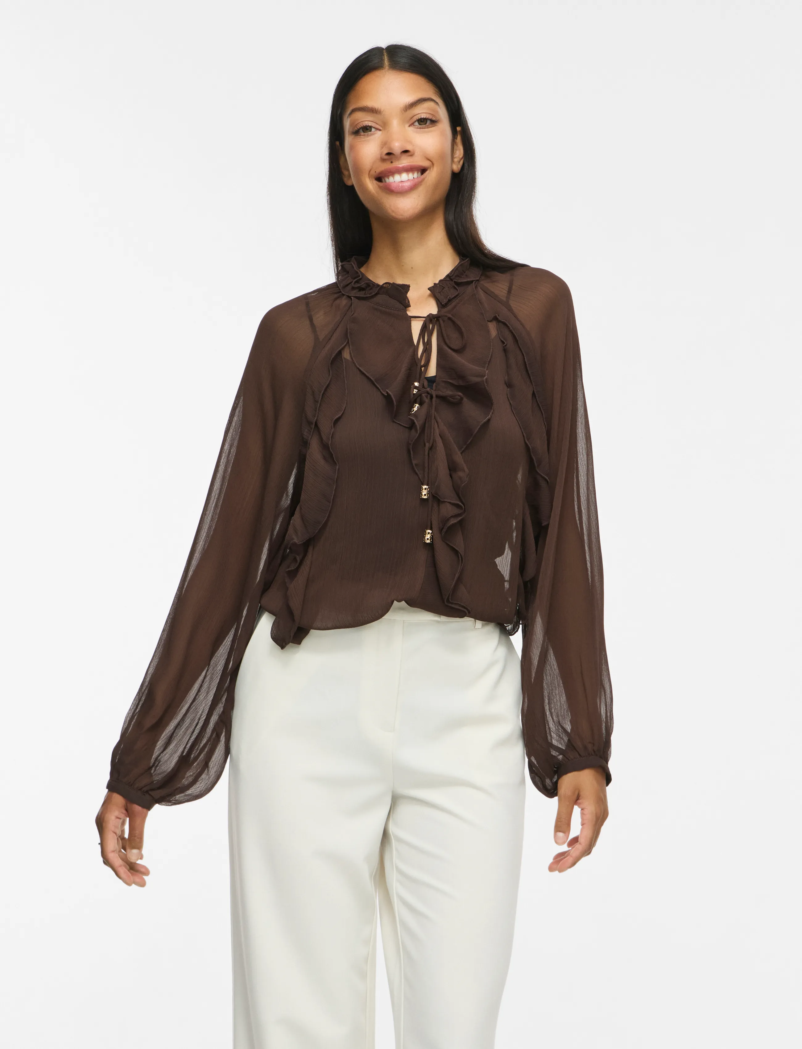 Vila VITIRO V-NECK L/S FLOUNCE TOP/BFS - Långärmade blusar - COFFEE BEAN / brown