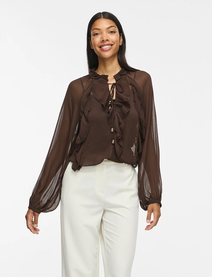 Vila - VITIRO V-NECK L/S FLOUNCE TOP/BFS - palaidinės ilgomis rankovėmis - coffee bean - 0